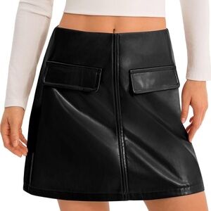 NWT-Faux Leather Mini Skirts High Waisted A-Line Fall Short Skirt with Pockets